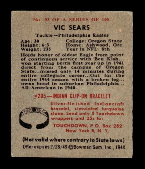 1948 Bowman #93 Vic Sears SP RC back image