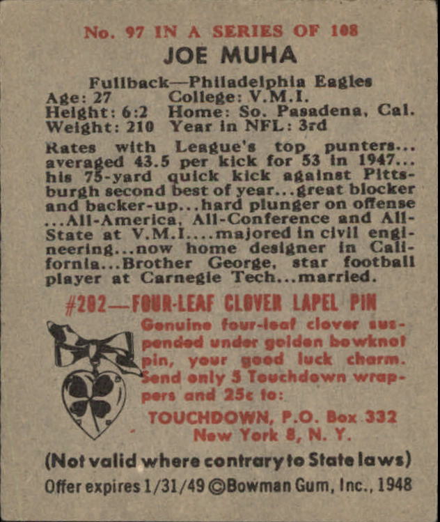 1948 Bowman #97 Joe Muha RC back image