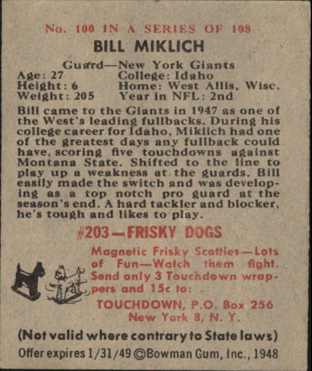 1948 Bowman #100 Bill Miklich RC back image
