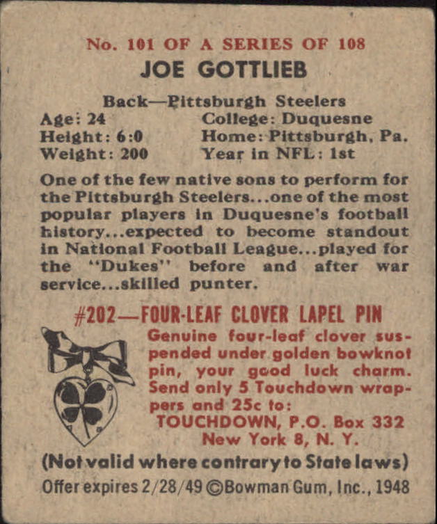 1948 Bowman #101 Joe Gottlieb RC back image