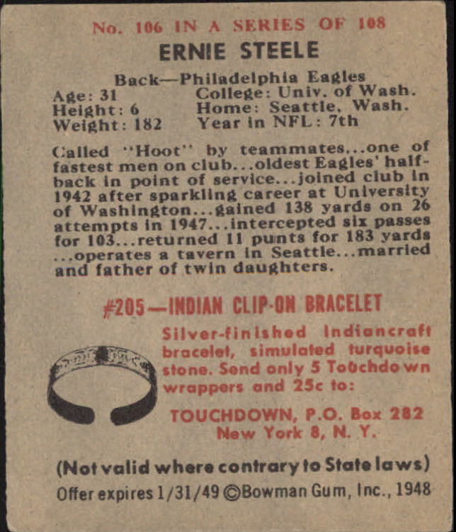 1948 Bowman #106 Ernie Steele RC back image
