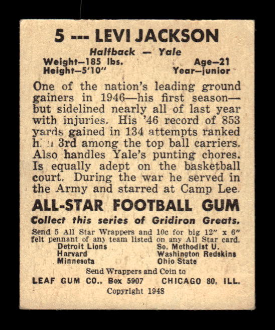 1948 Leaf #5A Levi Jackson BJ RC/Blue jersey) back image