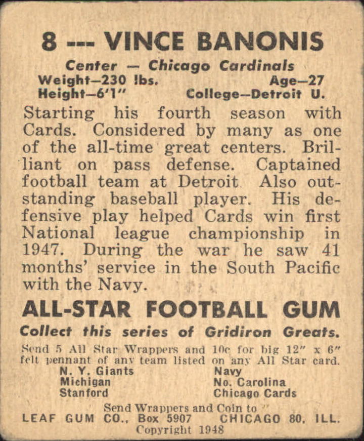 1948 Leaf #8A Vince Banonis BL RC/(Black letter name on front) back image