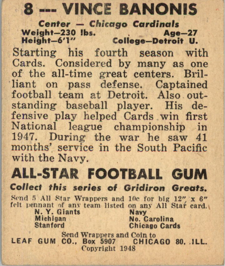 1948 Leaf #8A Vince Banonis BL RC/(Black letter name on front) back image