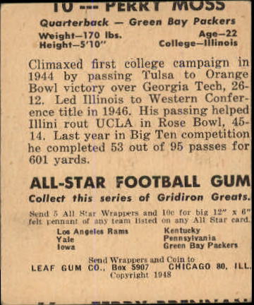 1948 Leaf #10A Perry Moss BFB RC/(Brown football) back image
