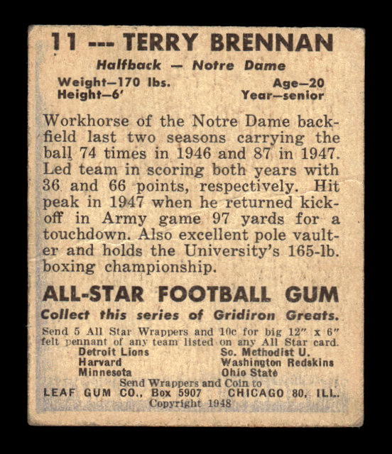 1948 Leaf #11A Terry Brennan BYP RC/(Bright yellow pants) back image
