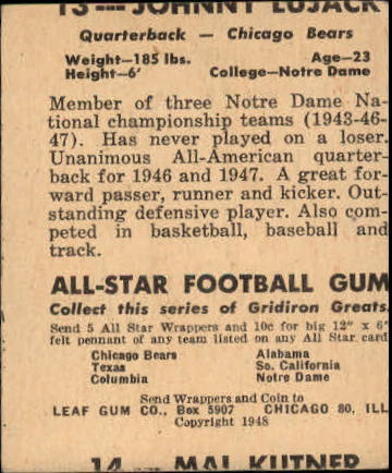 1948 Leaf #13A Johnny Lujack RC back image