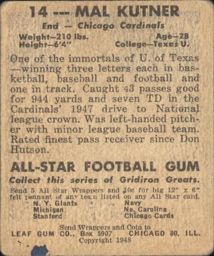 1948 Leaf #14A Mal Kutner BL RC/(Black letter name on front) back image