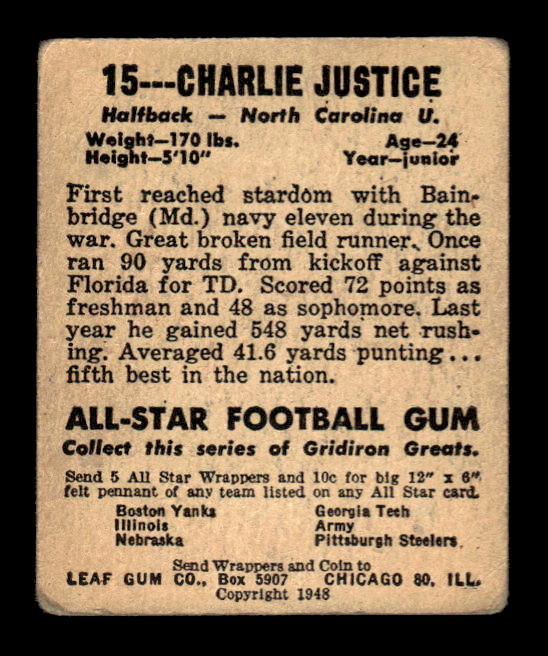 1948 Leaf #15 Charlie Justice RC back image