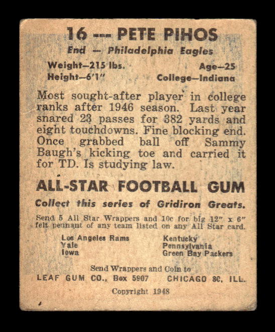 1948 Leaf #16A Pete Pihos YJN RC/(Yellow jersey number) back image
