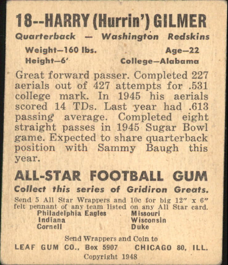 1948 Leaf #18A Harry Gilmer MJ RC/(Maroon jersey) back image