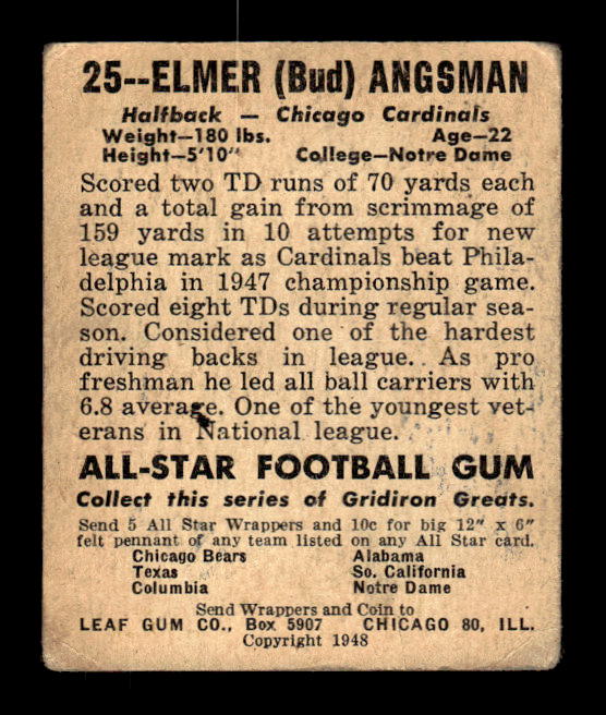 1948 Leaf #25A Bud Angsman RC/(Black letter name on front) back image