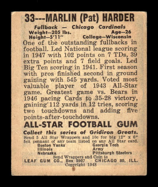 1948 Leaf #33 Pat Harder UER RC/(Misspelled Harber on front) back image