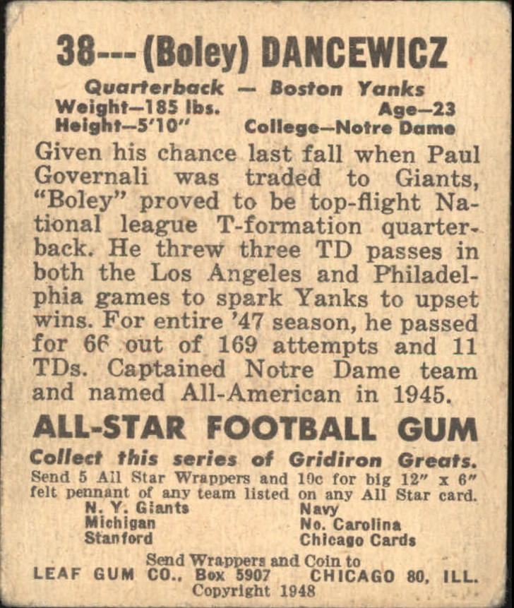 1948 Leaf #38A Frank Dancewicz GNN RC/(green jersey numbers) back image