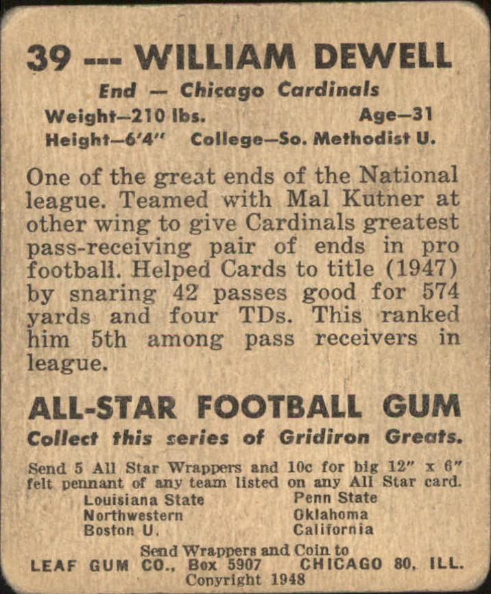 1948 Leaf #39 Billy Dewell RC back image