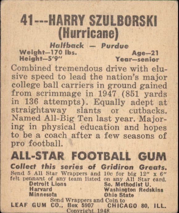 1948 Leaf #41A Harry Szulborski OP RC/Orange Pants) back image
