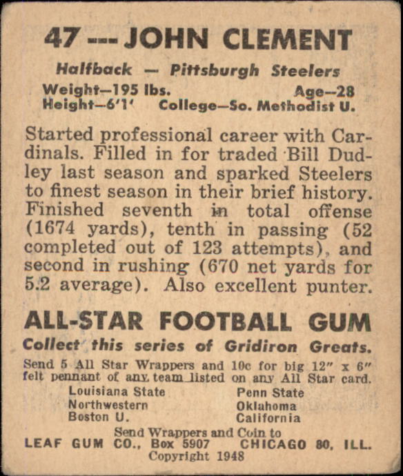 1948 Leaf #47A John Clement BFB BYJ RC/(Brown football,/bright yellow jersey) back image