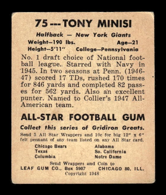 1948 Leaf #75 Tony Minisi RC back image