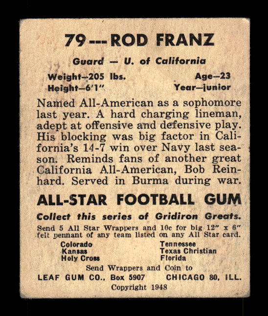 1948 Leaf #79 Rod Franz RC back image
