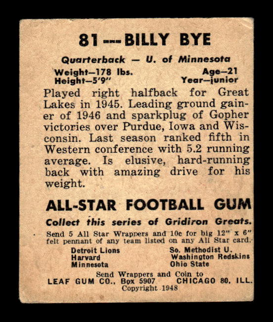 1948 Leaf #81A Billy Bye YPMJ RC/(Yellow pants, Maroon jersey) back image