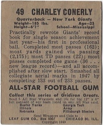 1949 Leaf #49 Charley Conerly back image
