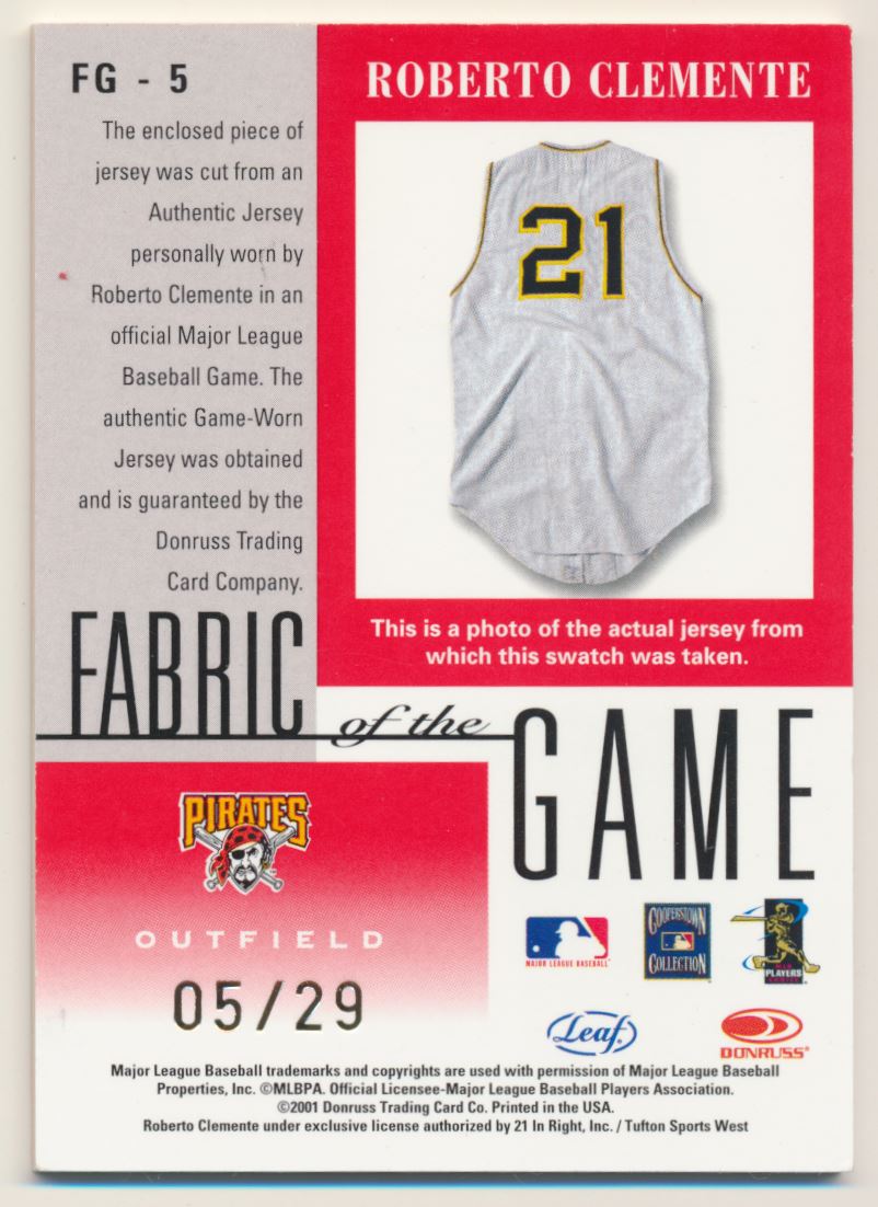 2001 Leaf Certified Fabric of the Game Season #FG-5 Roberto Clemente 5/29  Pirates E10102 back image