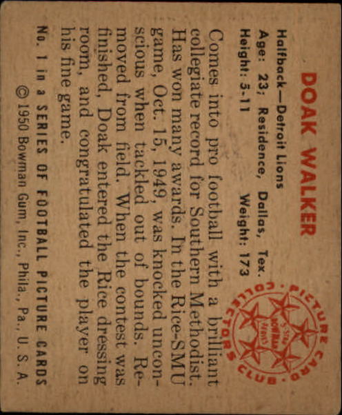 1950 Bowman #1 Doak Walker back image
