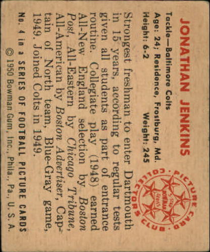 1950 Bowman #4 Jonathan Jenkins RC back image
