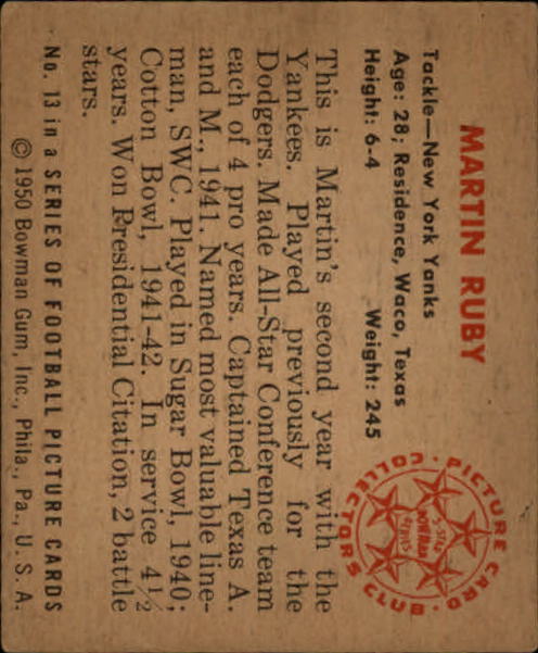 1950 Bowman #13 Martin Ruby RC back image