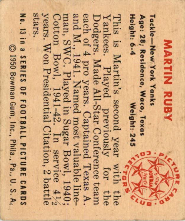 1950 Bowman #13 Martin Ruby RC back image