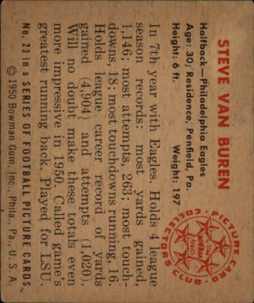 1950 Bowman #23 Steve Van Buren back image
