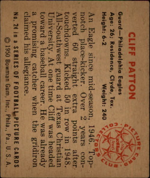 1950 Bowman #24 Cliff Patton RC back image