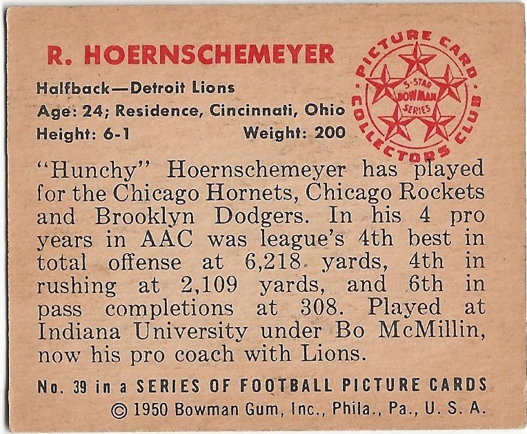 1950 Bowman #39 B.Hoernschemeyer RC back image