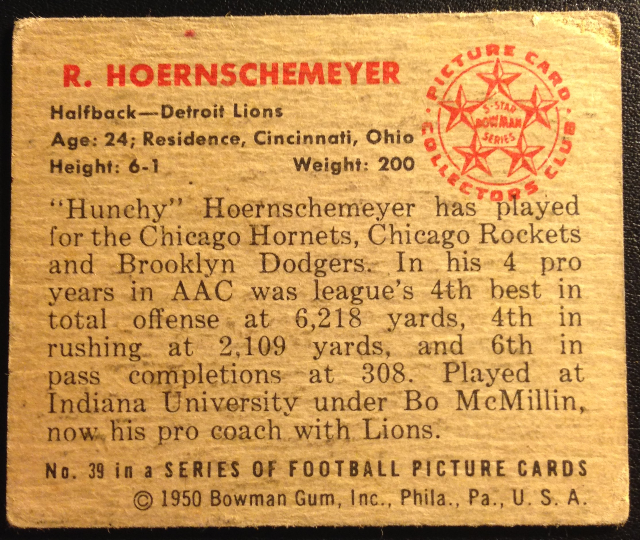 : 1950 Bowman # 39 Bob Hoernschemeyer Detroit Lions