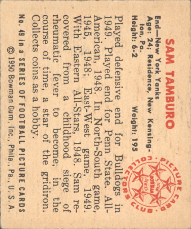 1950 Bowman #49 Sam Tamburo RC back image