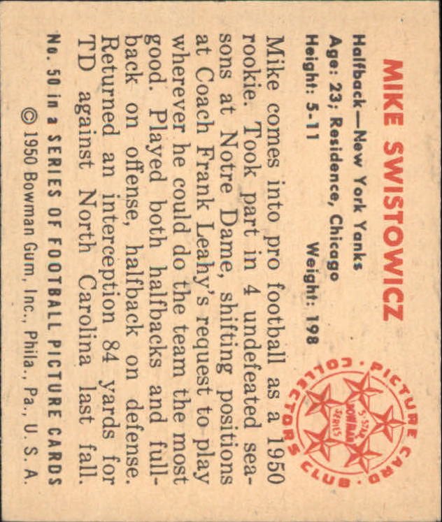 1950 Bowman #50 Mike Swistowicz RC back image
