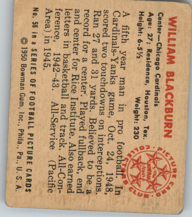 1950 Bowman #56 Bill Blackburn RC back image