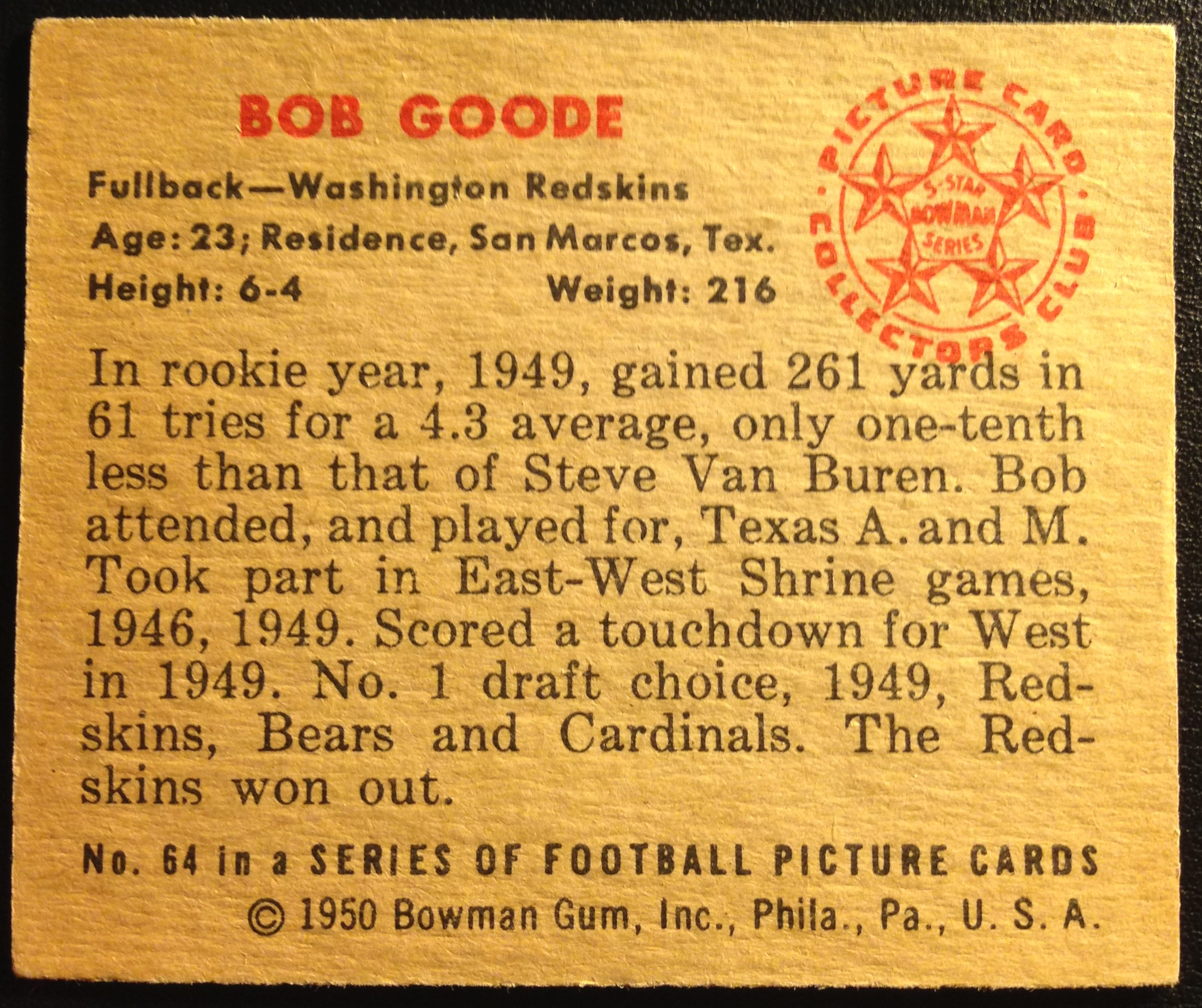 1950 Bowman #64 Bob Goode RC back image