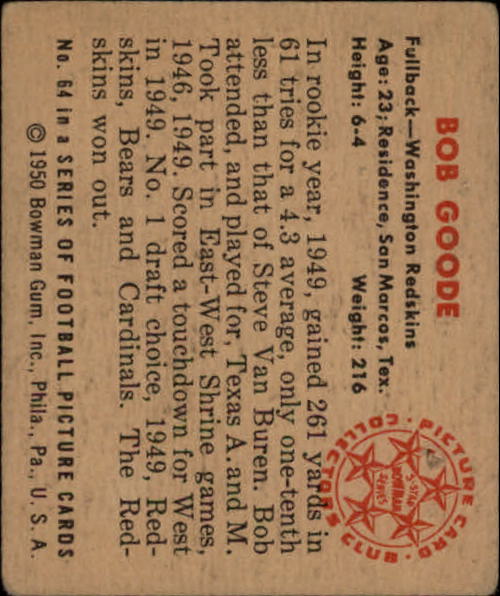 1950 Bowman #64 Bob Goode RC back image