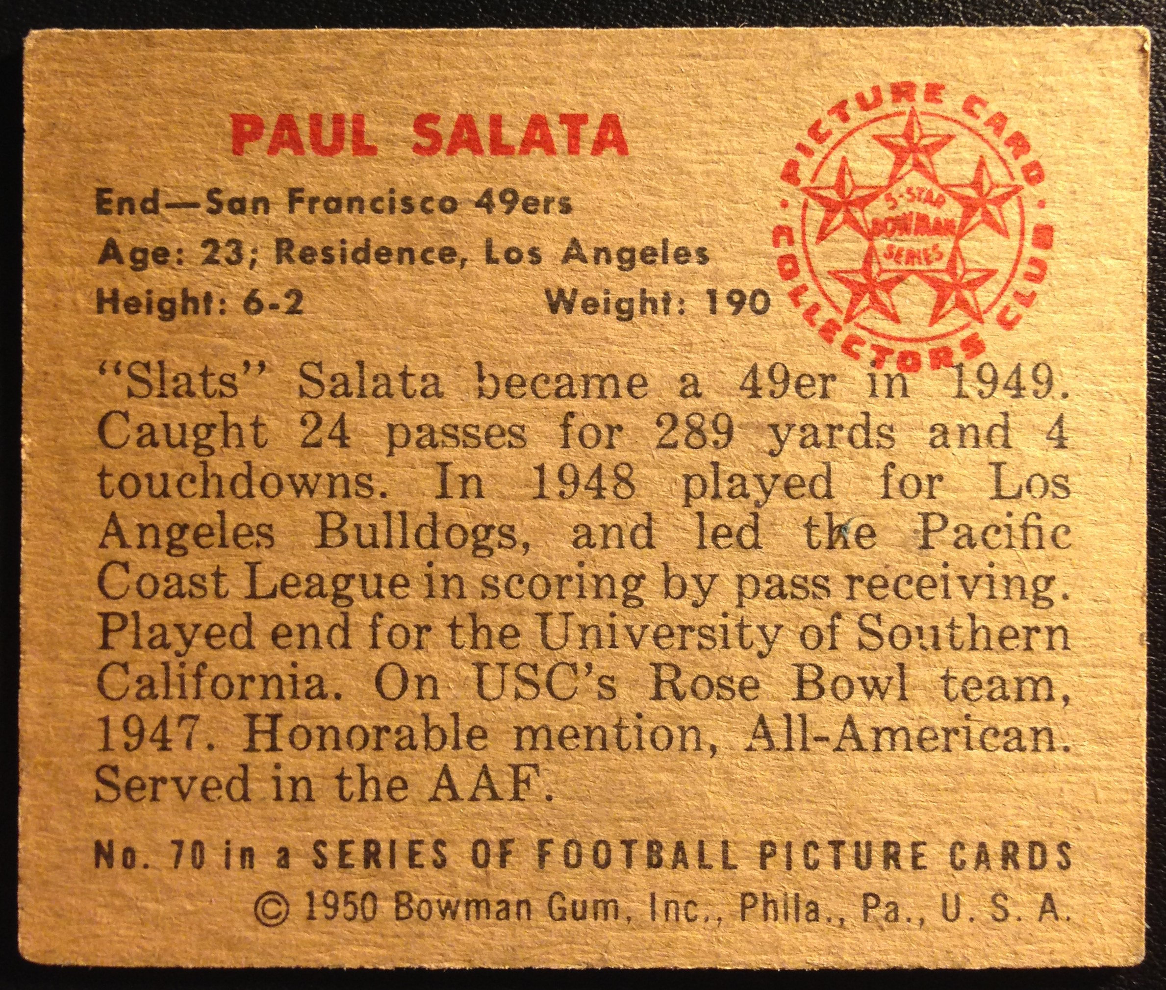 1950 Bowman #70 Paul Salata RC back image