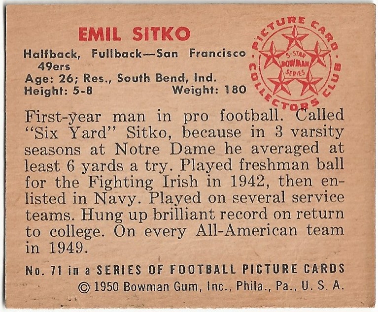 1950 Bowman #71 Emil Sitko back image
