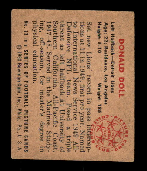 1950 Bowman #73 Don Doll RC RC back image