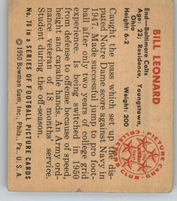 1950 Bowman #76 Bill Leonard RC back image