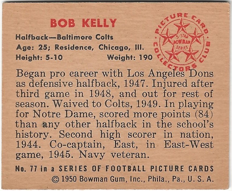 1950 Bowman #77 Bob Kelly RC back image
