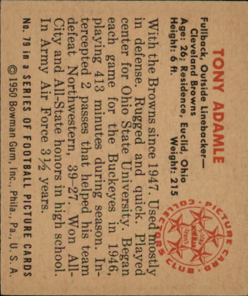 1950 Bowman #79 Tony Adamle RC back image