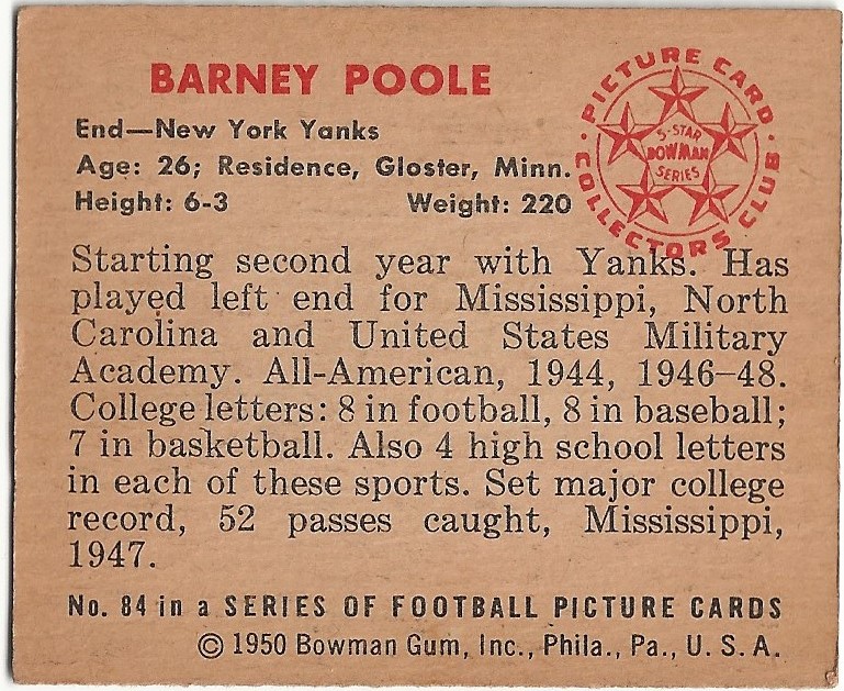 1950 Bowman #84 Barney Poole RC back image