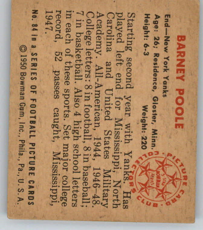 1950 Bowman #84 Barney Poole RC back image
