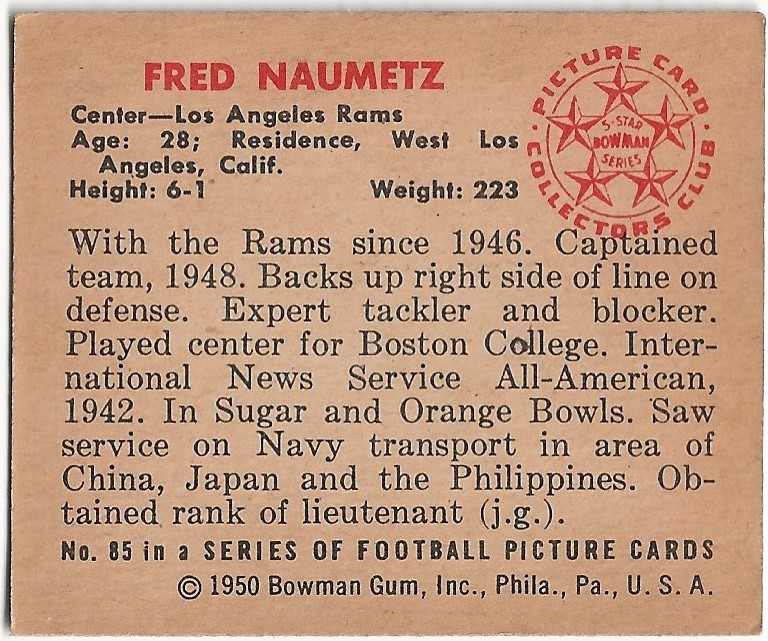 1950 Bowman #85 Fred Naumetz RC back image