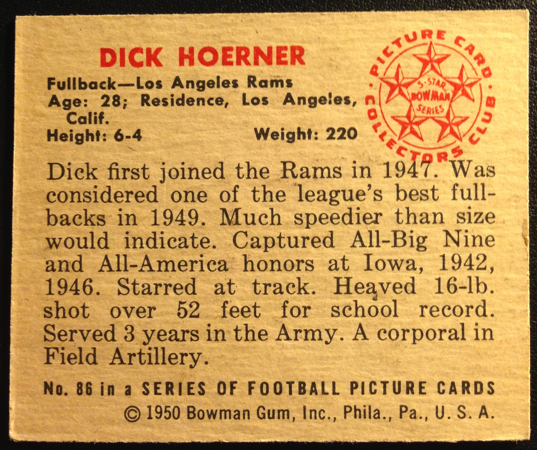 1950 Bowman #86 Dick Hoerner RC back image