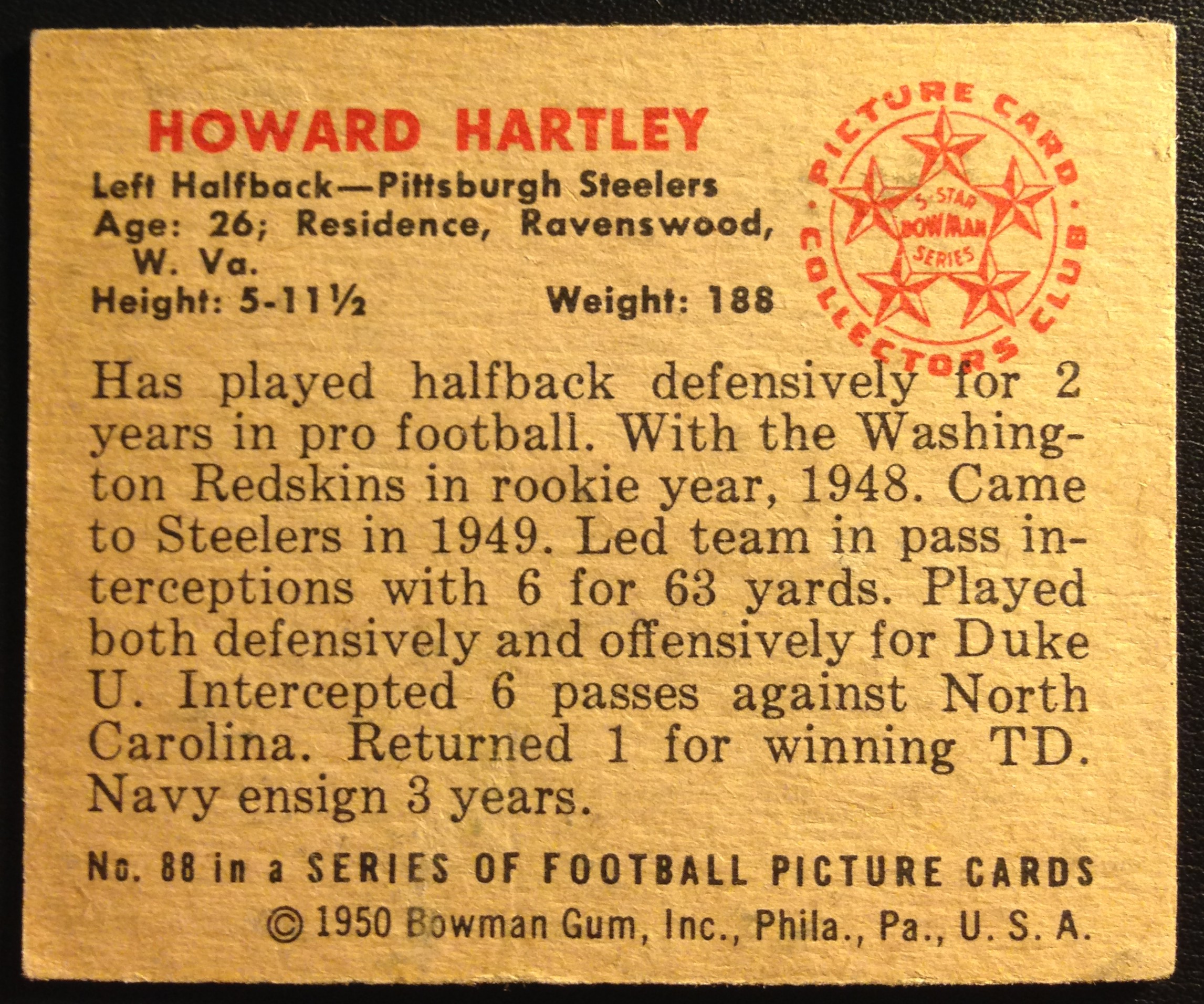 1950 Bowman #88 Howard Hartley RC back image